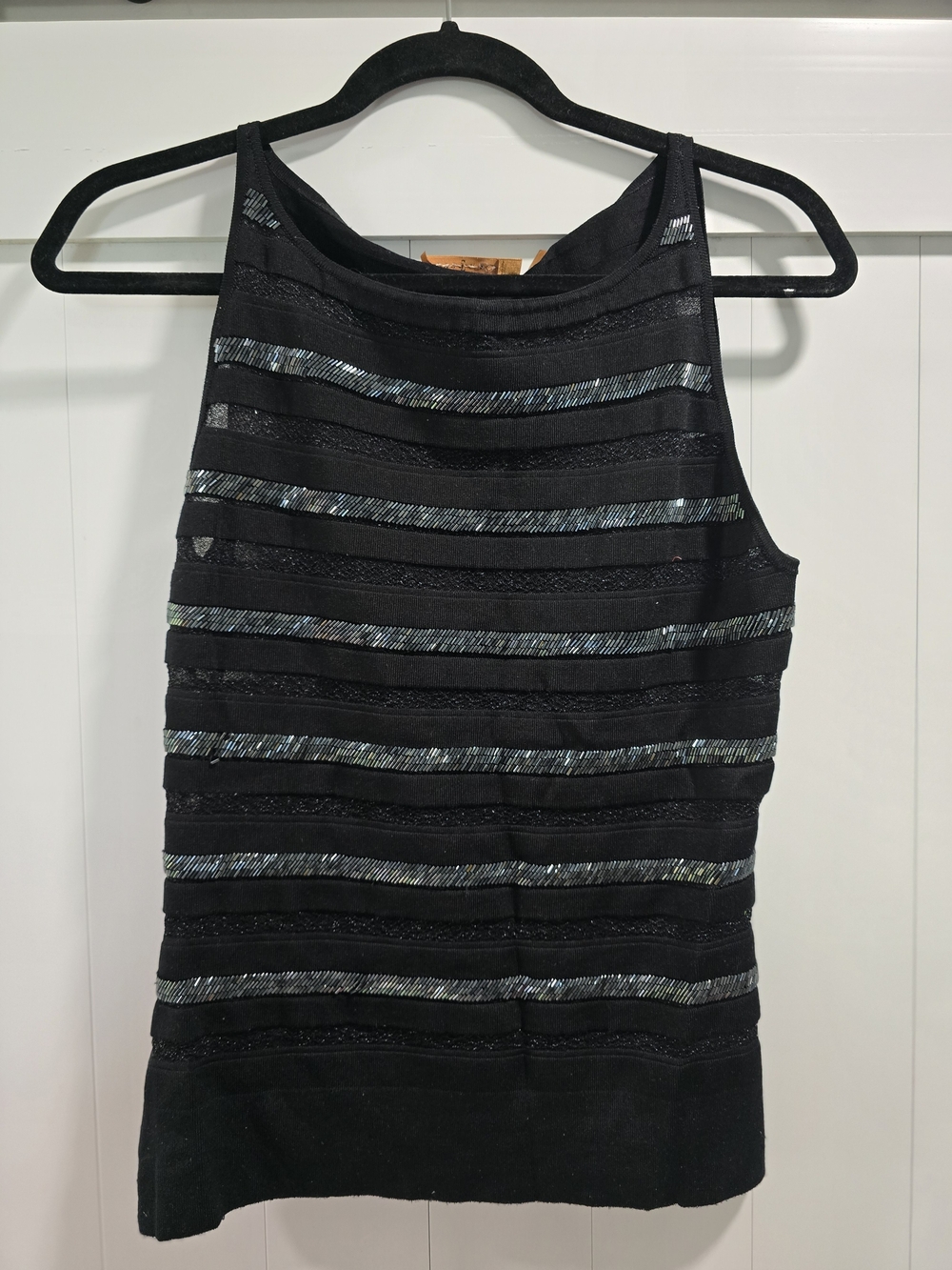 Black Sleeveless Sheer-Striped Tank with Beaded Stripe Detail